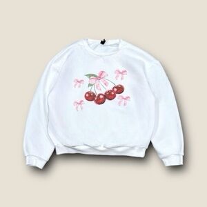 Coquette Cherry and Bows Printed White & Red Crewneck by RomWe